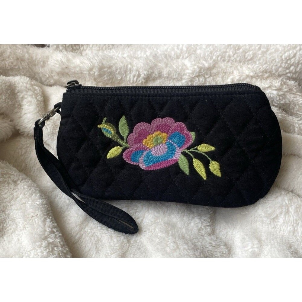 Vera Bradley Adele Black Microfiber Embroidered Flower Wristlet Clutch Bag